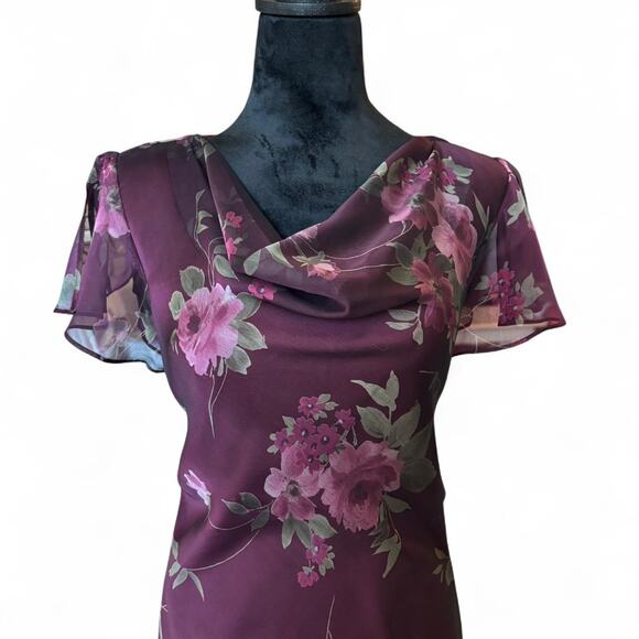 Coldwater Creek Plum Floral Chiffon Maxi Dress Cowl Neck Flutter Sleeve 10 - Picture 4 of 8